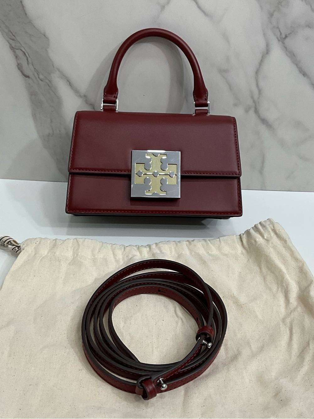 TORY BURCH Bon Bon Spazzolato Leather Mini Top Handle Crossbody Bag Burgundy
